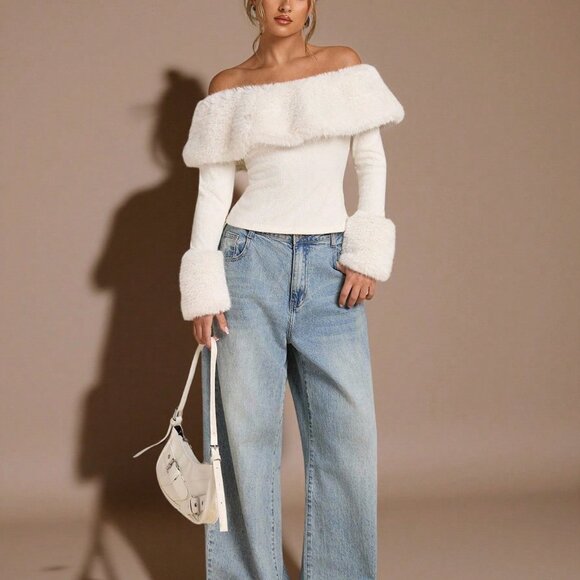 Women's Casual Off Shoulder Fuzzy faux fur detailed  Sweater Top - Picture 6 of 7